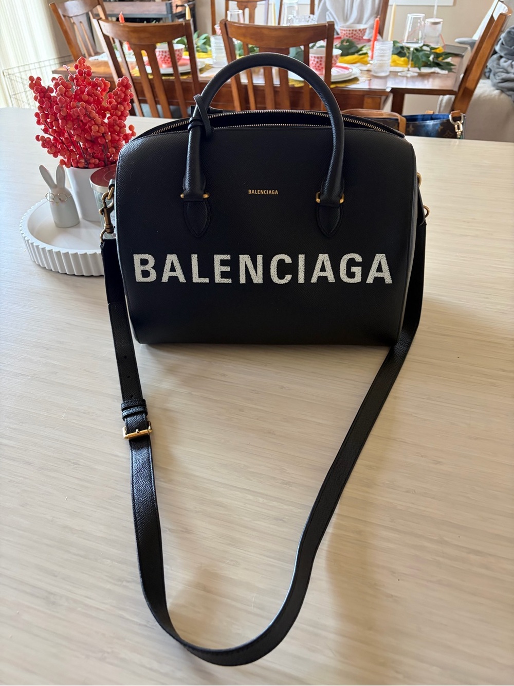 Balenciaga Ville Top Handle Black Logo Leather Satchel with Shoulder Strap